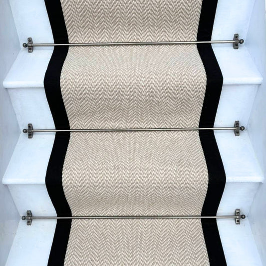 Herringbone Chalk Beige Wool Stair Runner with 100% Black Cotton Border