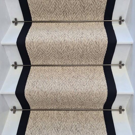 Herringbone Berber Beige Stair Runner with 100% Cotton Black Border