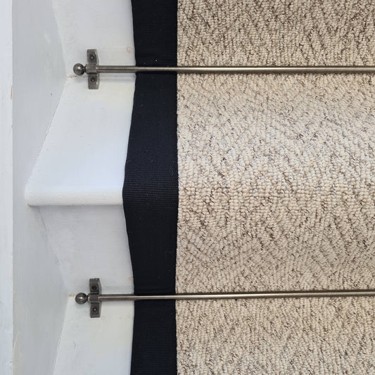 Herringbone Berber Beige Stair Runner with 100% Cotton Black Border