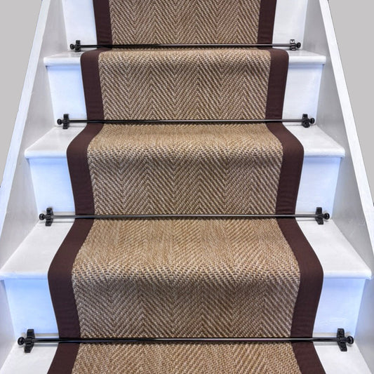 Herringbone New England Beige Stair Runner with 100% Mocha Cotton Border