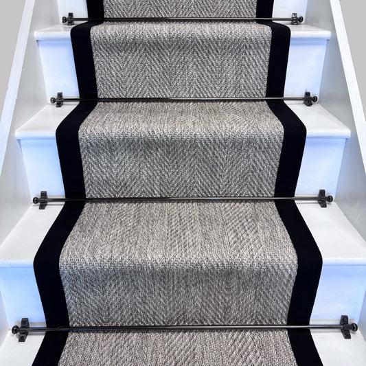 Herringbone New England Grey Stair Runner with 100% Black Cotton Border