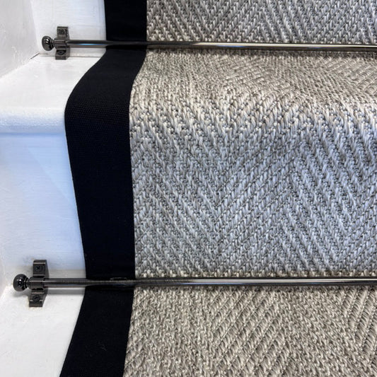 Herringbone New England Grey Stair Runner with 100% Black Cotton Border