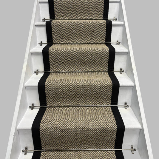 Herringbone Java Beige Stair Runner with 100% Cotton Black Border