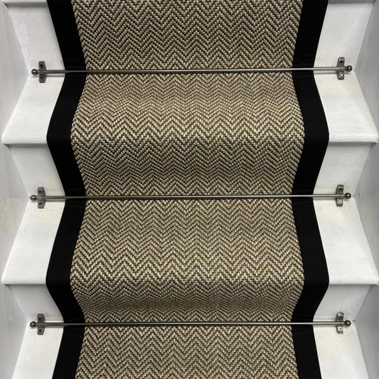 Herringbone Java Beige Stair Runner with 100% Cotton Black Border