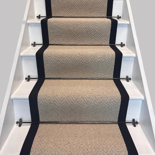 Herringbone Royal Sterling Wool Stair Runner with 100% Cotton Black Border