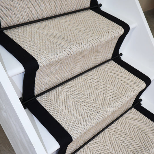 Herringbone New England Ivory Stair Runner with 100% Black Cotton Border