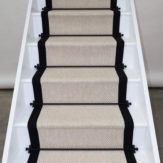 Herringbone New England Ivory Stair Runner with 100% Black Cotton Border