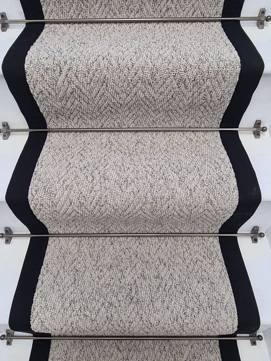 Herringbone Mirage Grey Stair Runner with 100% Cotton Black Border