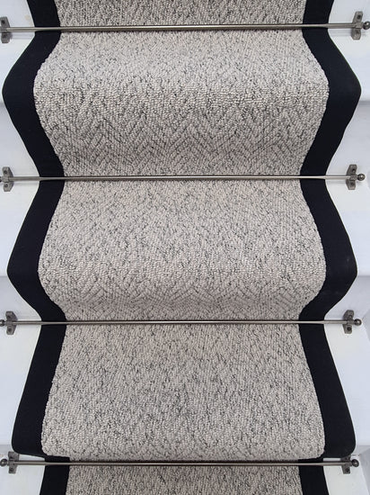 Herringbone Mirage Grey Stair Runner with 100% Cotton Black Border