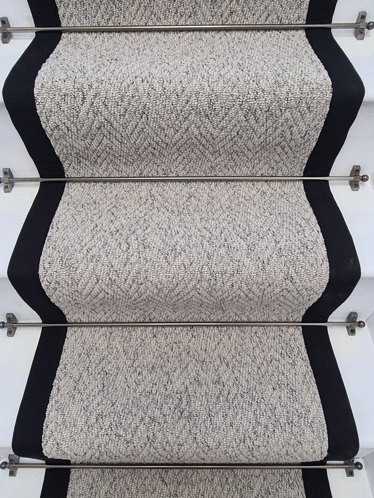 Herringbone Mirage Grey Stair Runner with 100% Cotton Black Border