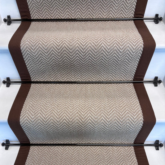 Herringbone Chalk Beige Wool Stair Runner with 100% Brown Cotton Border