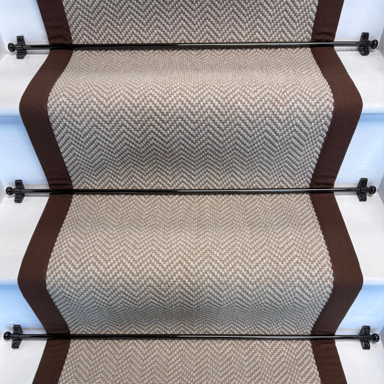 Herringbone Chalk Beige Wool Stair Runner with 100% Brown Cotton Border