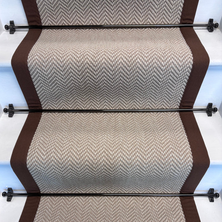 Herringbone Chalk Beige Wool Stair Runner with 100% Brown Cotton Border