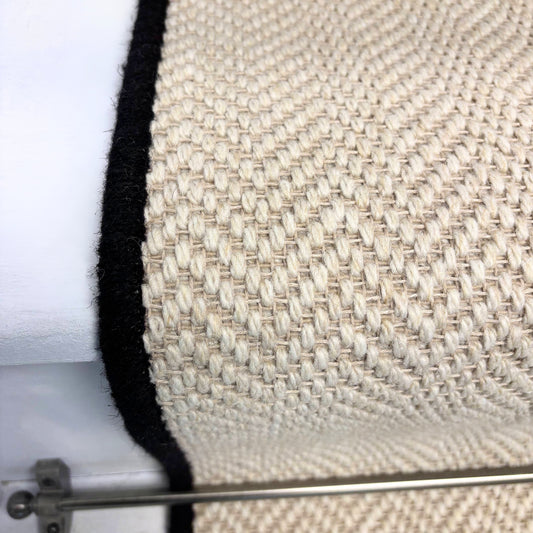 Herringbone Chalk Beige Wool Stair Runner with 100% Wool Edge