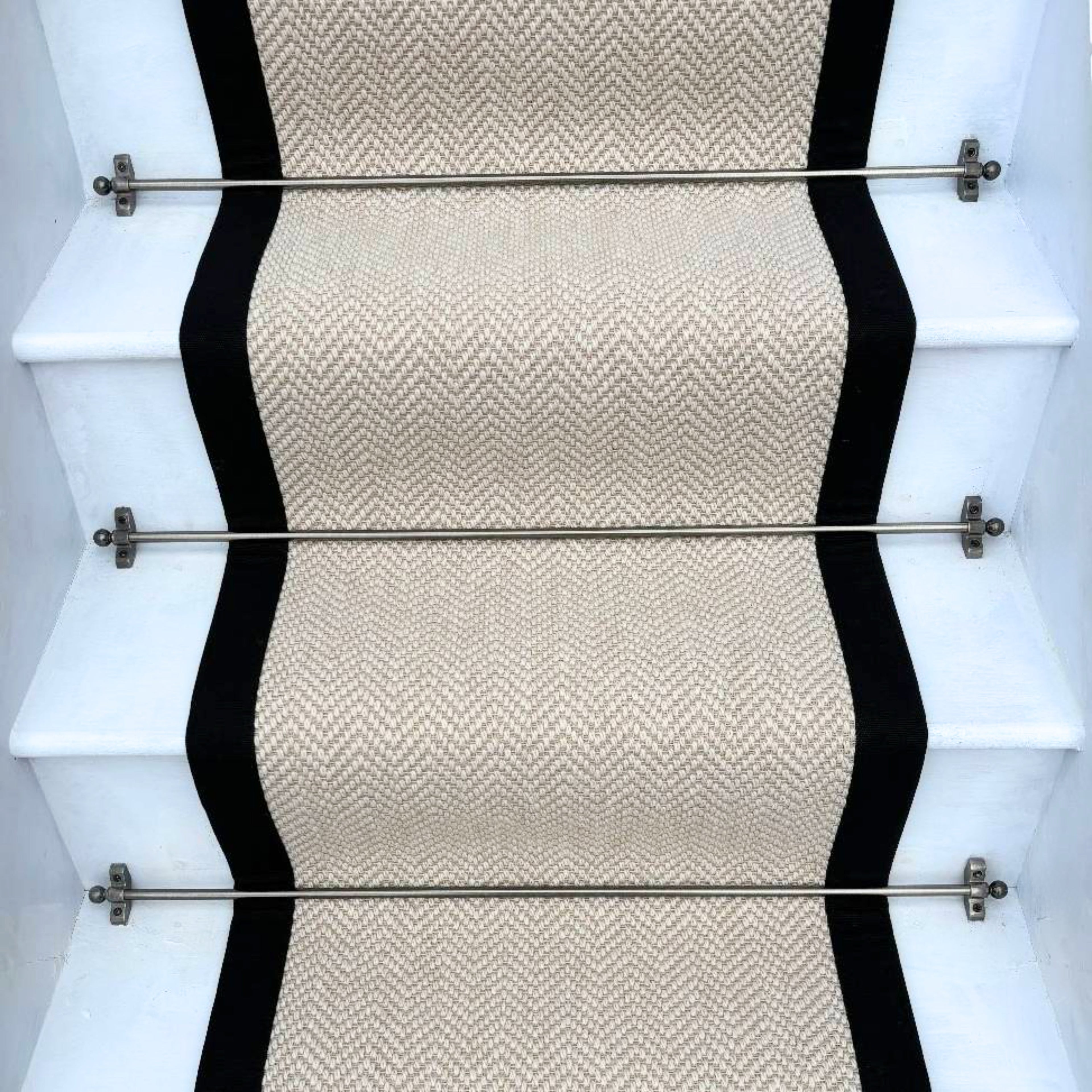 Herringbone Chalk Beige Wool Stair Runner with 100% Black Cotton Border