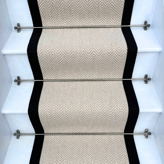 Herringbone Chalk Beige Wool Stair Runner with 100% Black Cotton Border