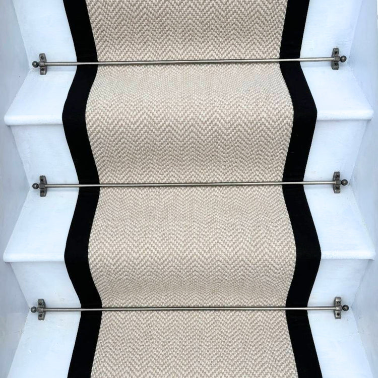 Herringbone Chalk Beige Wool Stair Runner with 100% Black Cotton Border