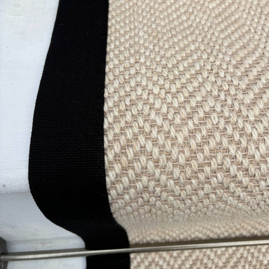 Herringbone Chalk Beige Wool Stair Runner with 100% Black Cotton Border