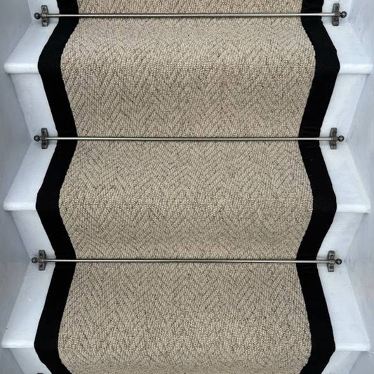 Herringbone Beige Biscotti Stair Runner with 100% Cotton Black Border