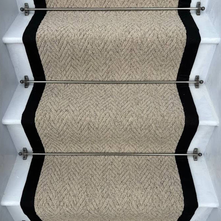 Herringbone Beige Biscotti Stair Runner with 100% Cotton Black Border