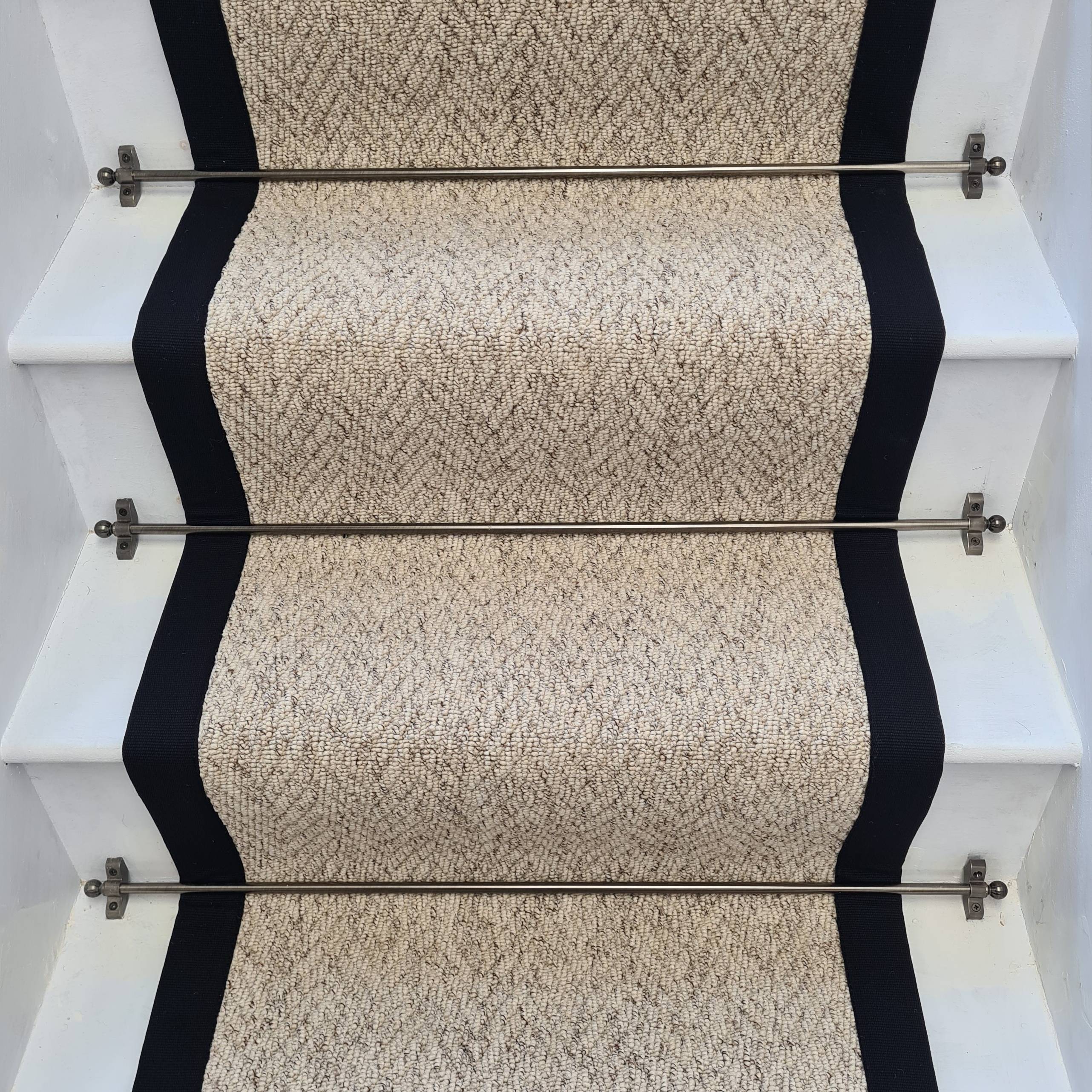 Herringbone Berber Beige Stair Runner with 100% Cotton Black Border
