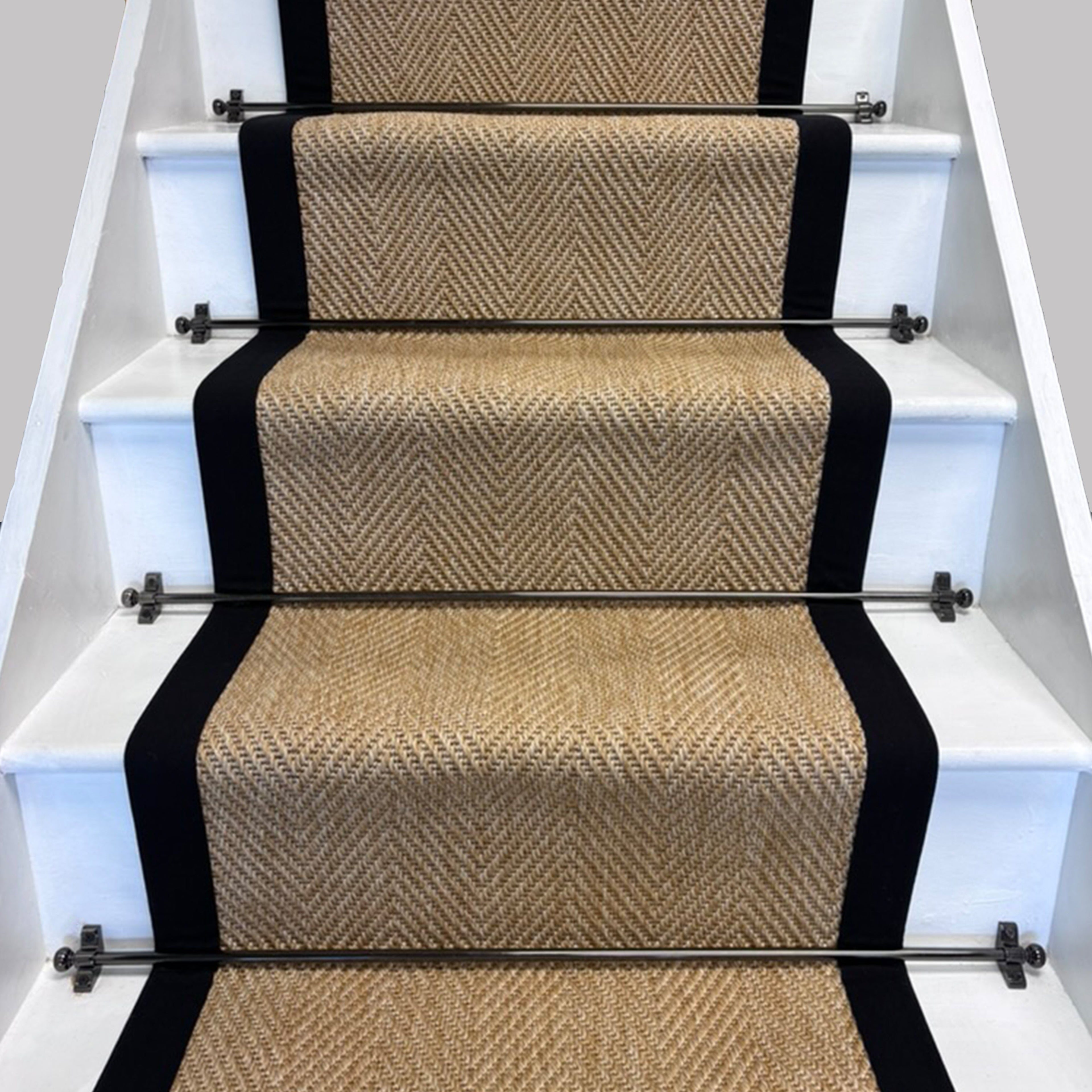 Herringbone New England Beige Stair Runner with 100% Black Cotton Border