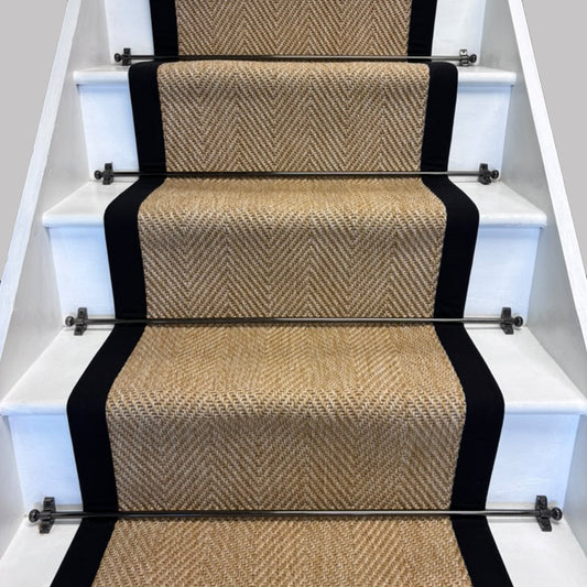 Herringbone New England Beige Stair Runner with 100% Black Cotton Border