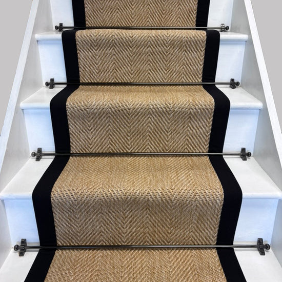 Herringbone New England Beige Stair Runner with 100% Black Cotton Border