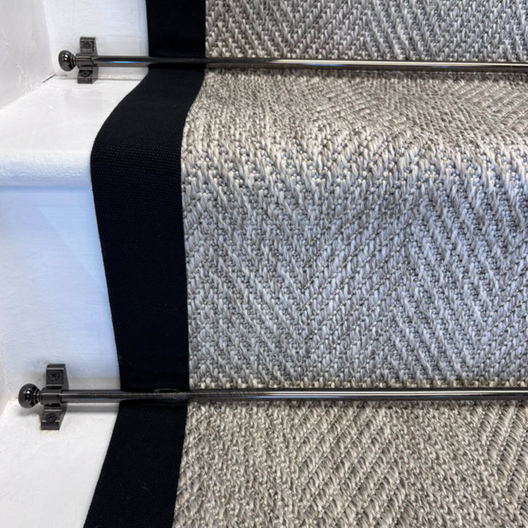 Herringbone New England Grey Stair Runner with 100% Black Cotton Border