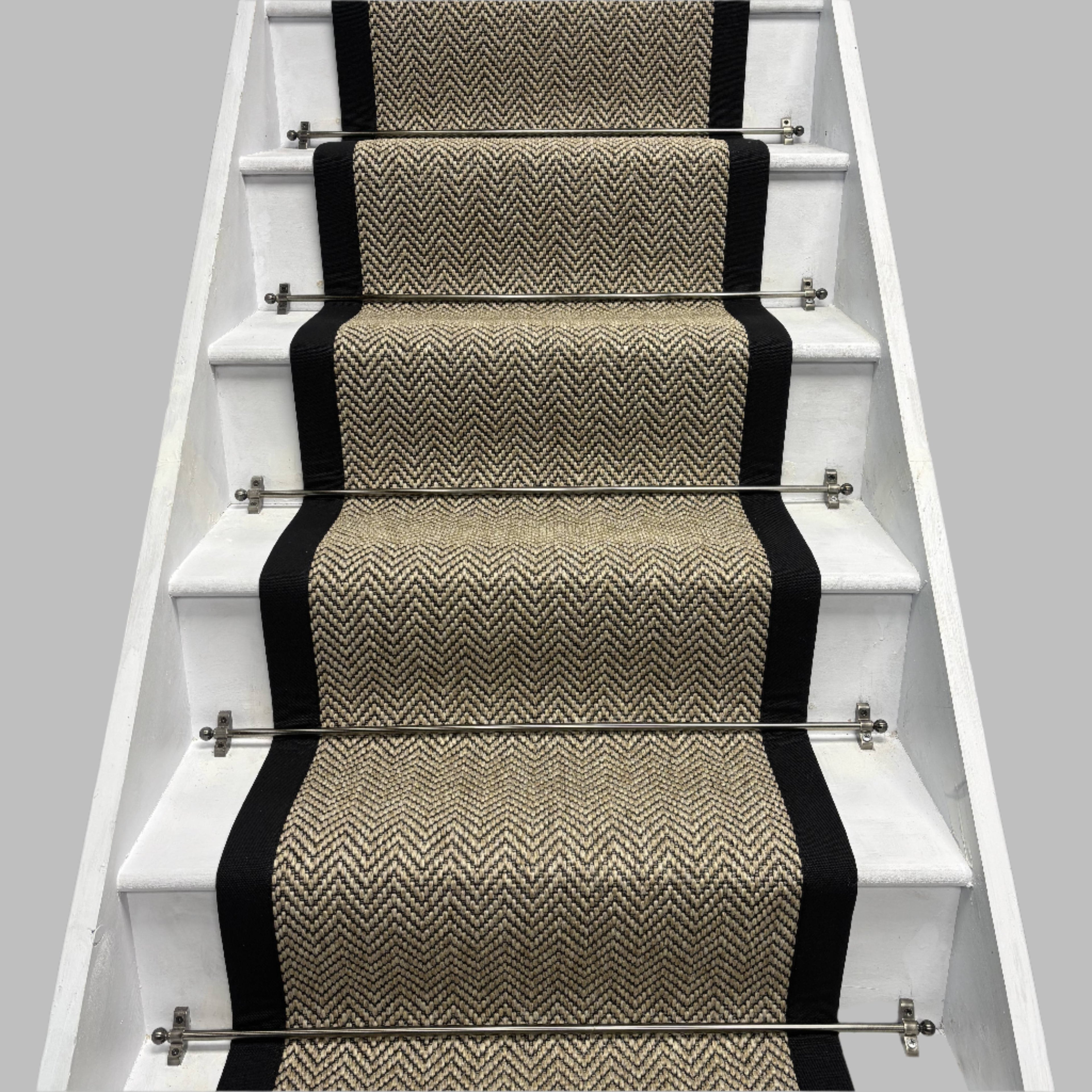 Herringbone Java Beige Stair Runner with 100% Cotton Black Border
