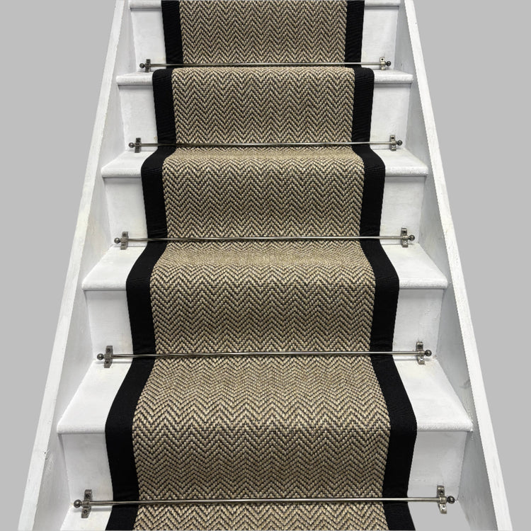 Herringbone Java Beige Stair Runner with 100% Cotton Black Border