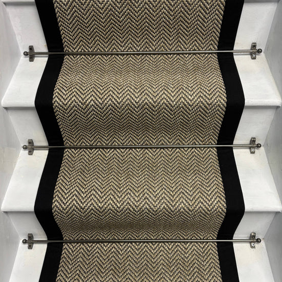 Herringbone Java Beige Stair Runner with 100% Cotton Black Border