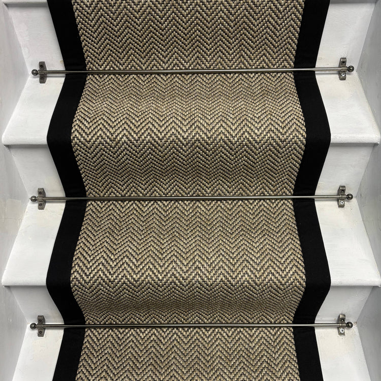 Herringbone Java Beige Stair Runner with 100% Cotton Black Border