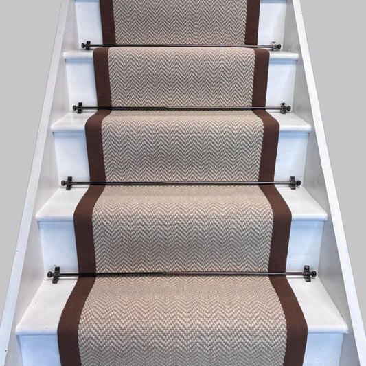 Herringbone Chalk Beige Wool Stair Runner with 100% Brown Cotton Border