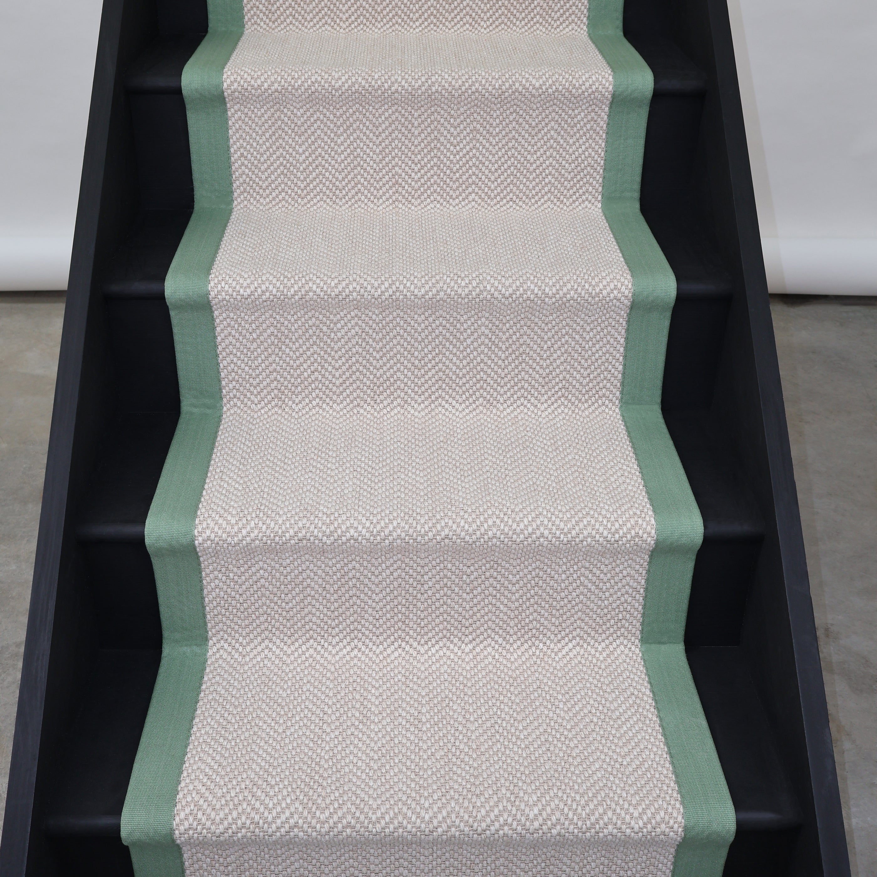 Herringbone Chalk Beige Wool Stair Runner with 100% Cotton Sage Border