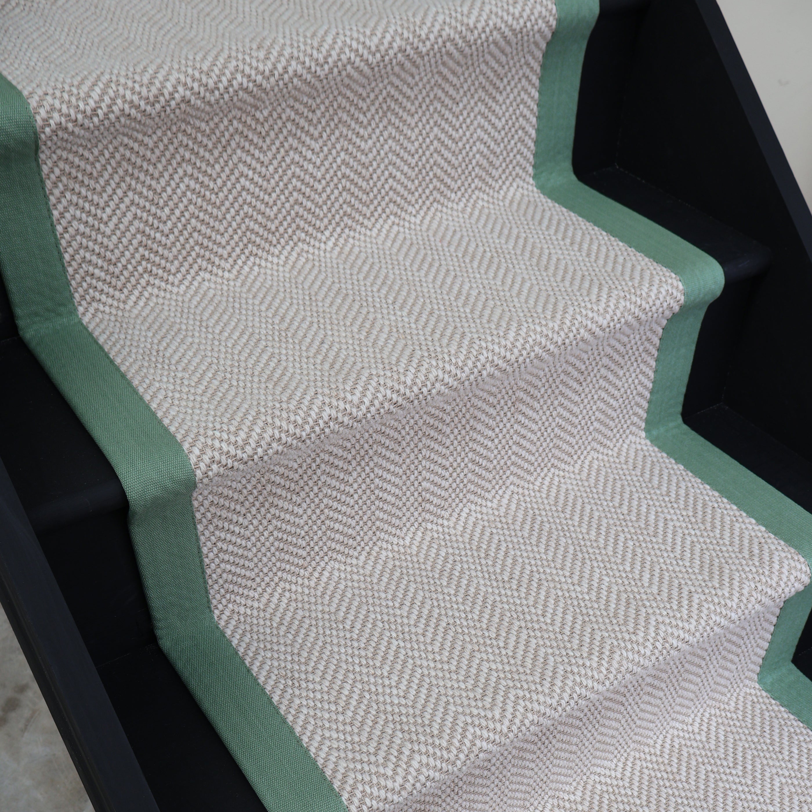 Herringbone Chalk Beige Wool Stair Runner with 100% Cotton Sage Border