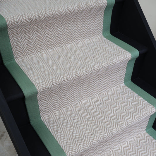 Herringbone Chalk Beige Wool Stair Runner with 100% Cotton Sage Border