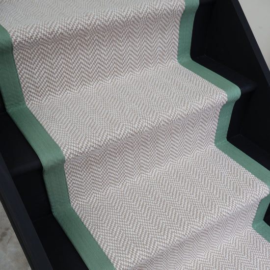 Herringbone Chalk Beige Wool Stair Runner with 100% Cotton Sage Border