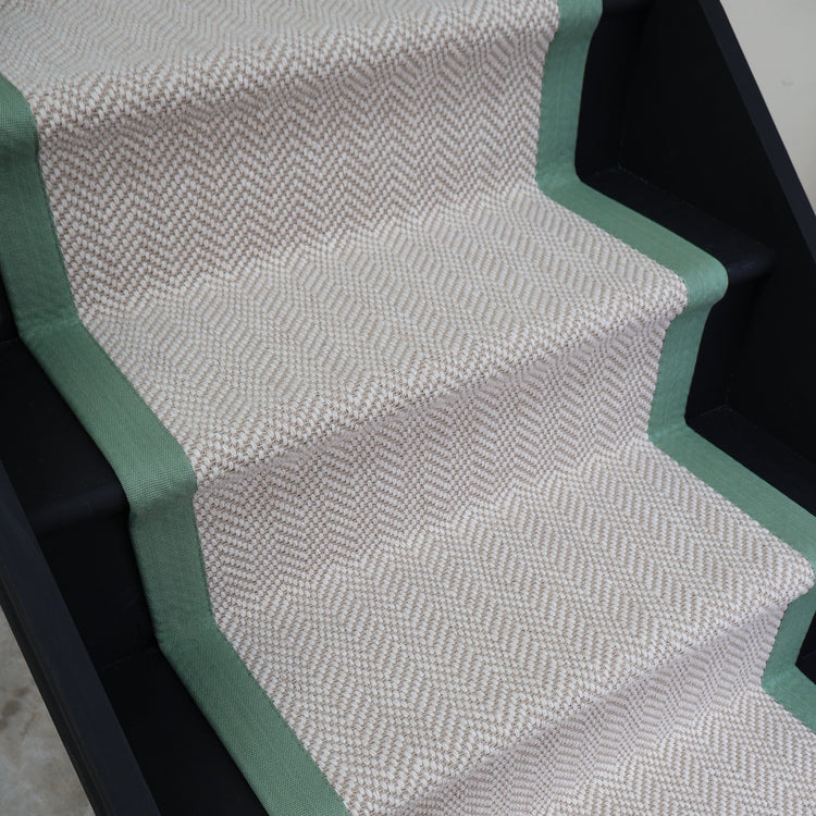 Herringbone Chalk Beige Wool Stair Runner with 100% Cotton Sage Border