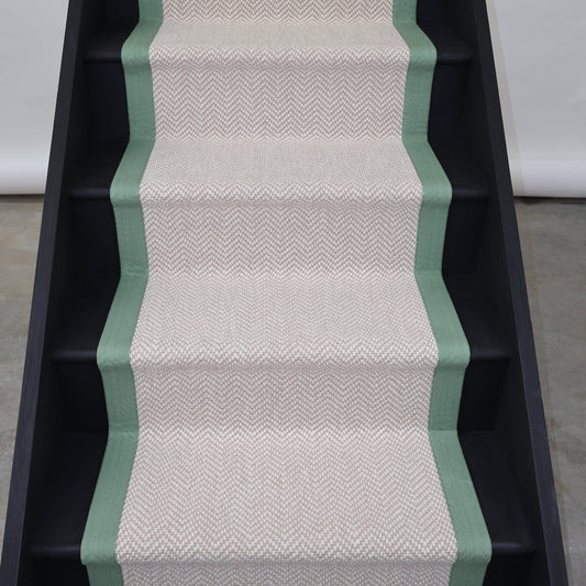 Herringbone Chalk Beige Wool Stair Runner with 100% Cotton Sage Border