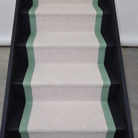 Herringbone Chalk Beige Wool Stair Runner with 100% Cotton Sage Border