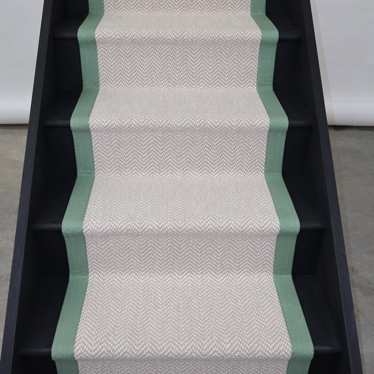 Herringbone Chalk Beige Wool Stair Runner with 100% Cotton Sage Border