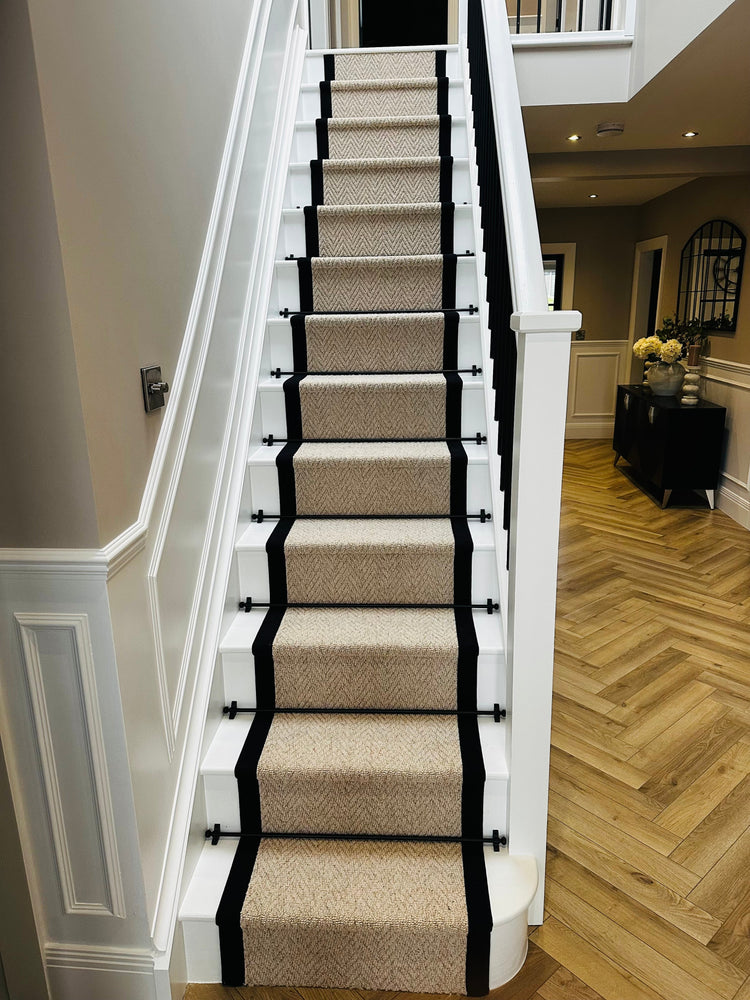 Herringbone Keswick Cream Fleck Stair Runner with 100% Cotton Black Border