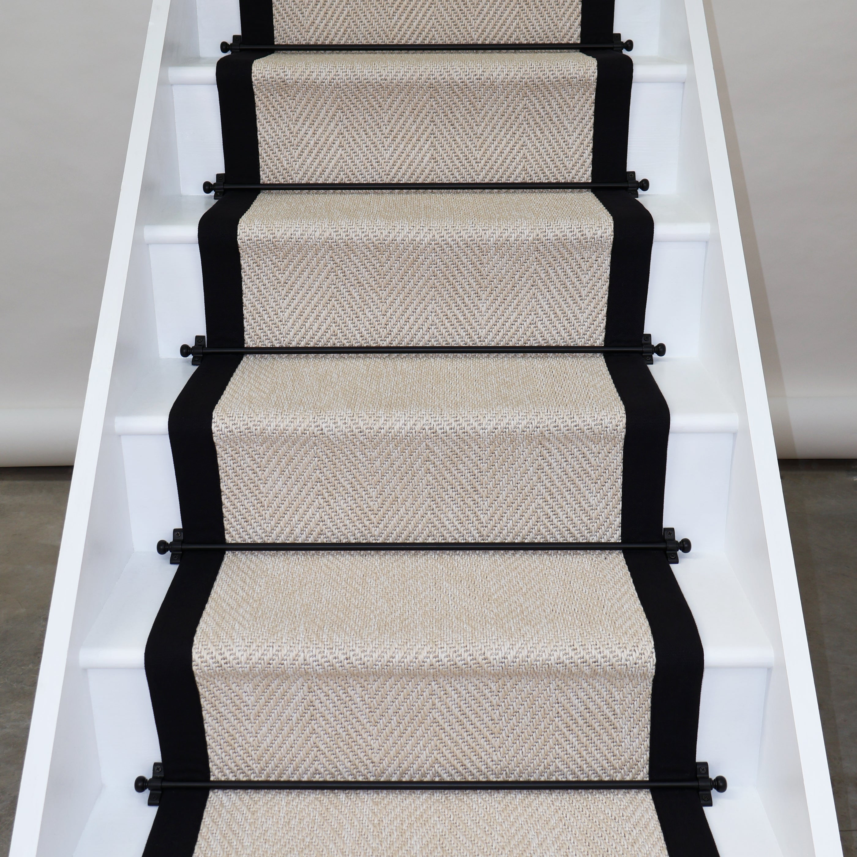 Herringbone New England Ivory Stair Runner with 100% Black Cotton Border