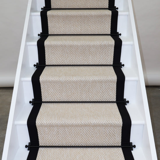 Herringbone New England Ivory Stair Runner with 100% Black Cotton Border