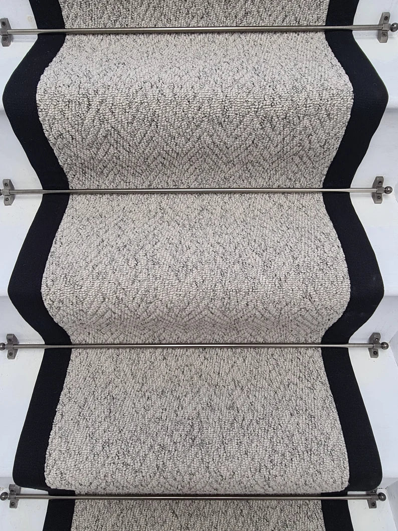 Herringbone Mirage Grey Stair Runner with 100% Cotton Black Border
