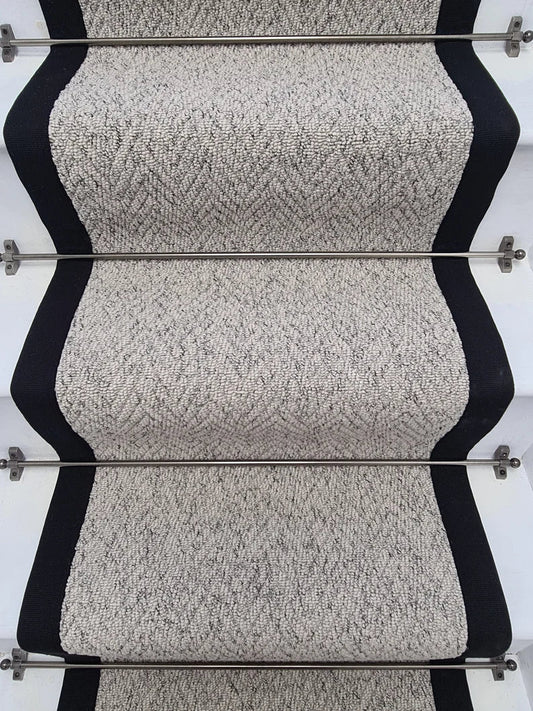 Herringbone Mirage Grey Stair Runner with 100% Cotton Black Border