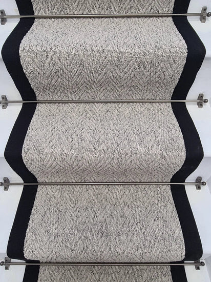 Herringbone Mirage Grey Stair Runner with 100% Cotton Black Border