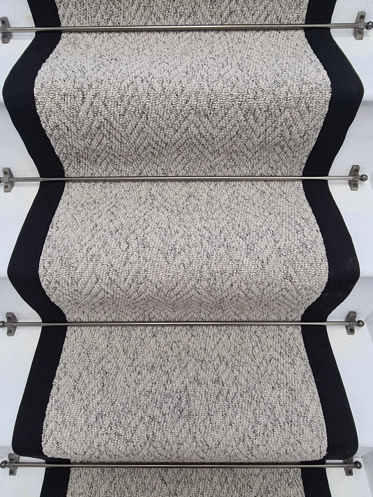 Herringbone Mirage Grey Stair Runner with 100% Cotton Black Border