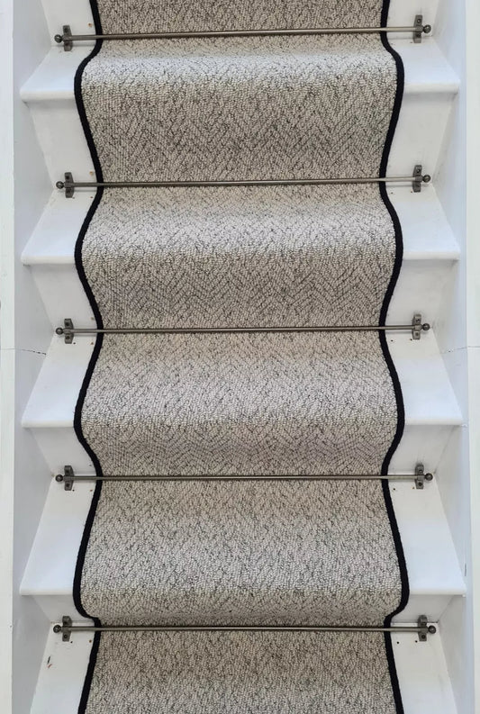 Herringbone Mirage Grey Stair Runner with 100 % Wool Edge
